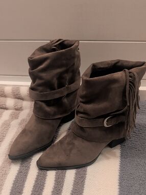 Time and Tru Brown Suede Fringe Slouch Ankle Boots